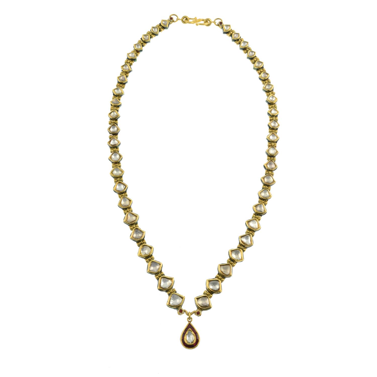 A Kundan polki diamond and enamel necklace.Length of pendant 2cms. - Bild 3 aus 5