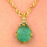 A carved emerald and brilliant-cut diamond textured necklace.Emerald weight 40.13cts.Estimated