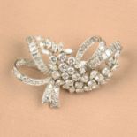 A mid 20th century platinum vari-cut diamond brooch.Estimated total diamond weight 5.25cts,