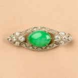 An Art Deco 18ct gold 'A-type' jade and old-cut diamond openwork brooch.