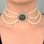A mid 20th century cultured pearl three-strand choker necklace,