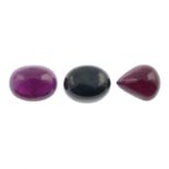 Selection of gemstones, including sapphires, rubies and a synthetic spinel ring.