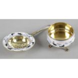 A Norwegian silver-gilt and enamel tea strainer and stand,