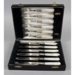 A cased set of EPNS and mother-of-pearl dessert knives and forks,