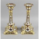 A pair of Royal Crown Derby porcelain Imari pattern candlesticks,