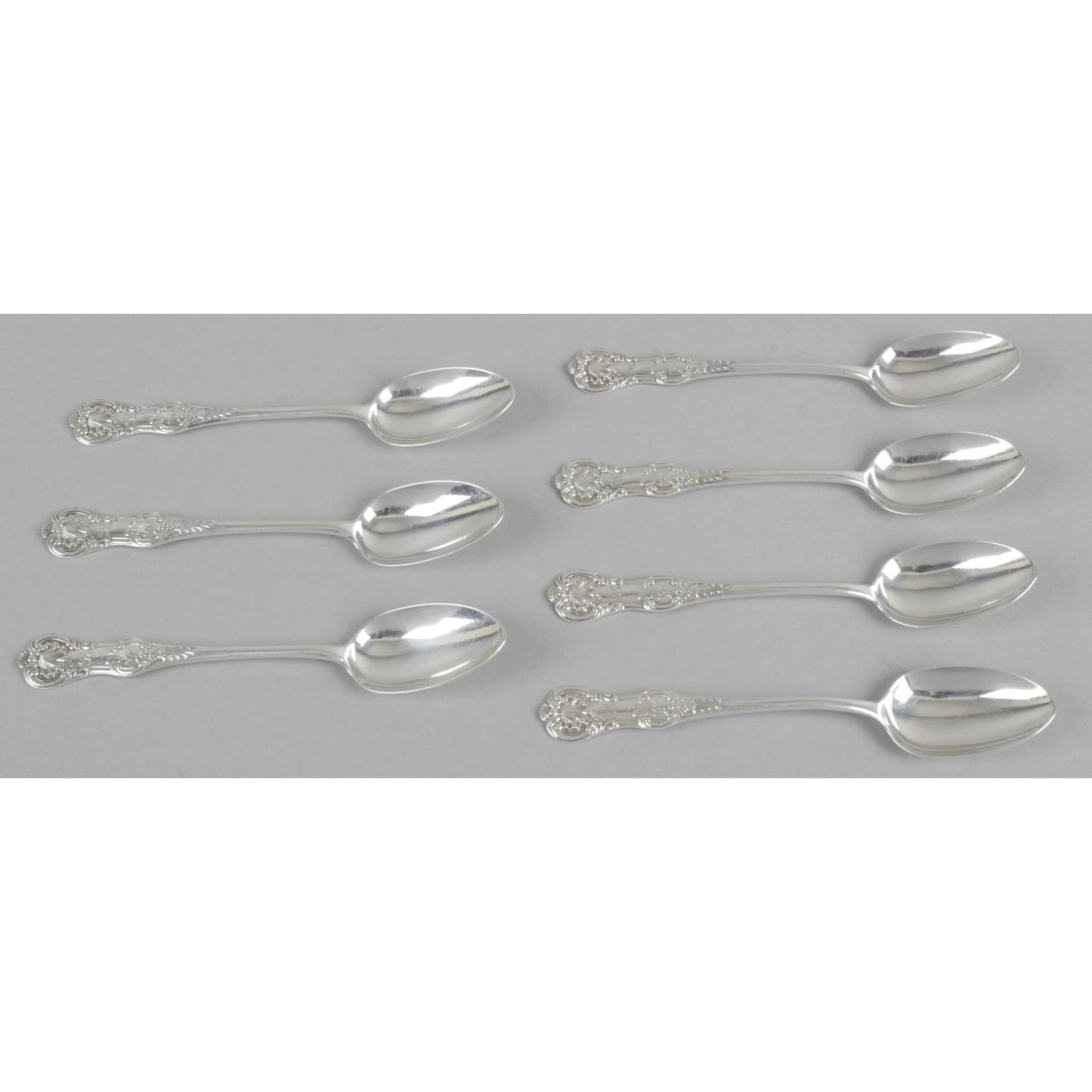 Seven Victorian Scottish silver teaspoons, in Queen's pattern, with initial engraved terminal.