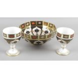 Two Royal Crown Derby porcelain Imari pattern octagonal bowls,