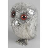 A Victorian silver novelty owl mustard pot and spoon,
