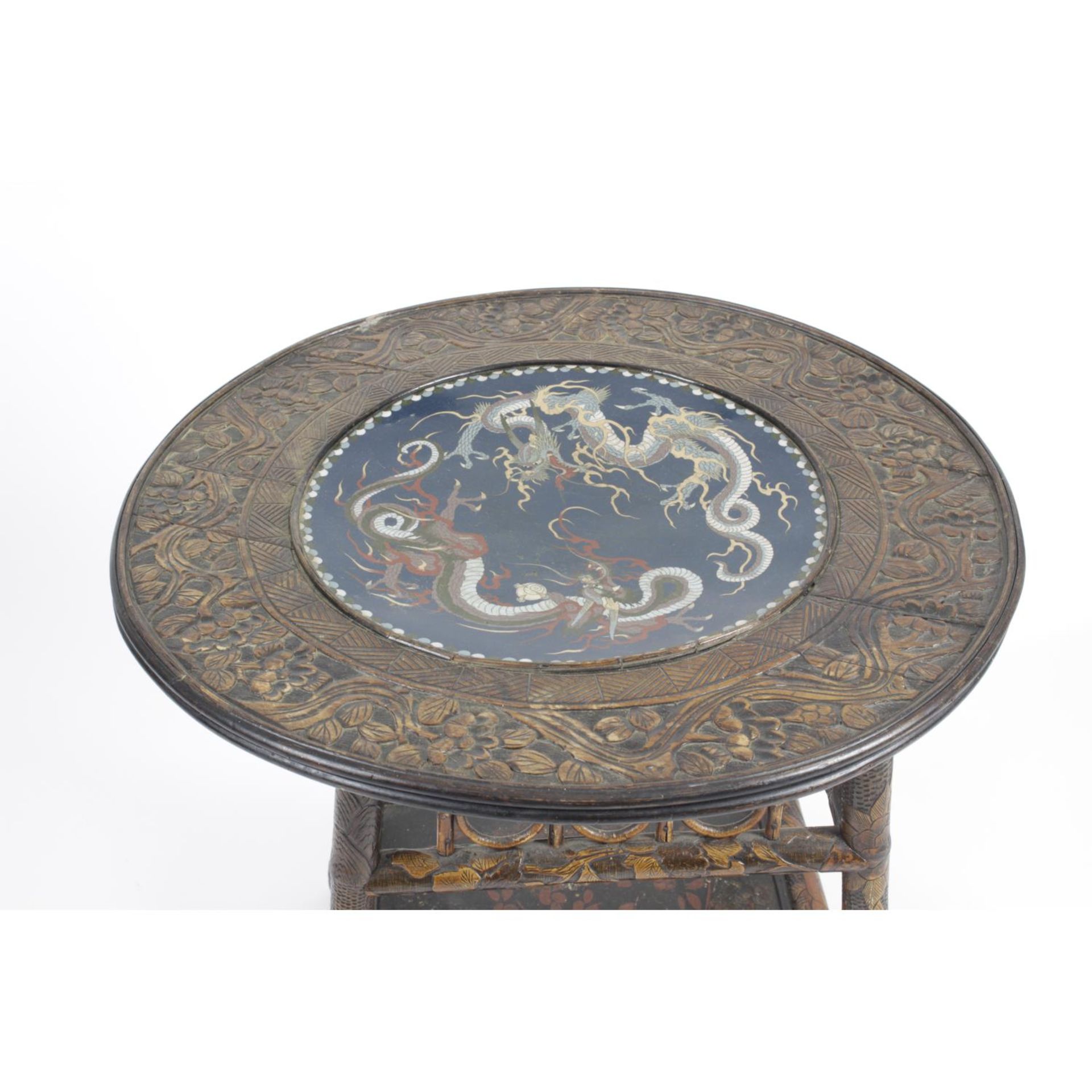 An early 20th century Oriental carved wooden and bamboo two tier occasional table, - Image 2 of 3