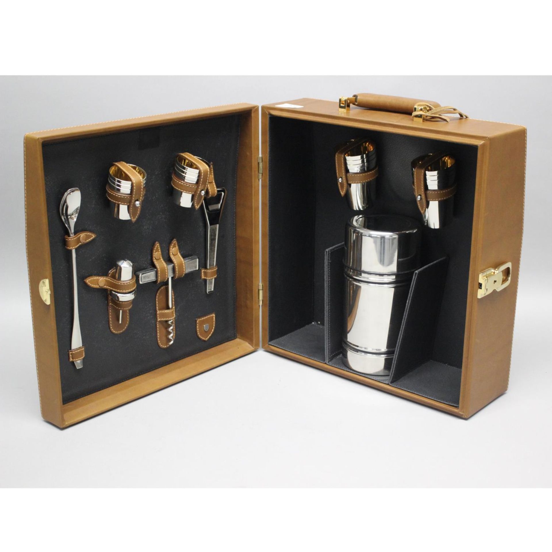 A modern metal cocktail set in fitted brown leatherette travel case, - Image 2 of 2