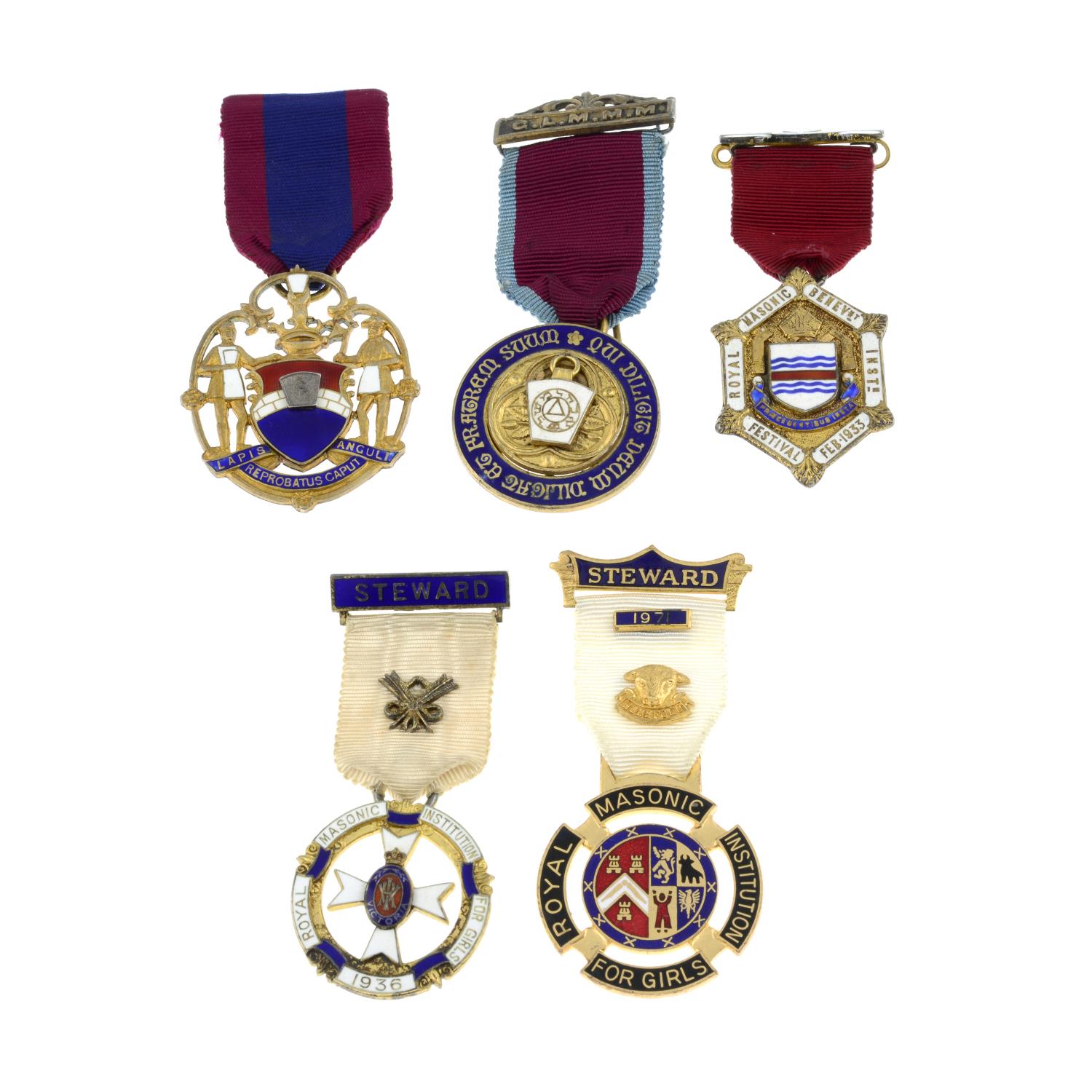 Five silver Masonic jewels,