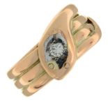 A 1940s 9ct gold diamond accent snake ring.Estimated diamond weight 0.10ct.