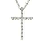 A diamond cross pendant, on an 18ct gold chain.Chain with hallmarks for 18ct gold.