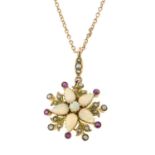 An early 20th century 9ct gold opal, ruby and split pearl pendant, with chain.AF.