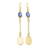 A pair of sapphire and opal drop earrings.Stamped 14K.