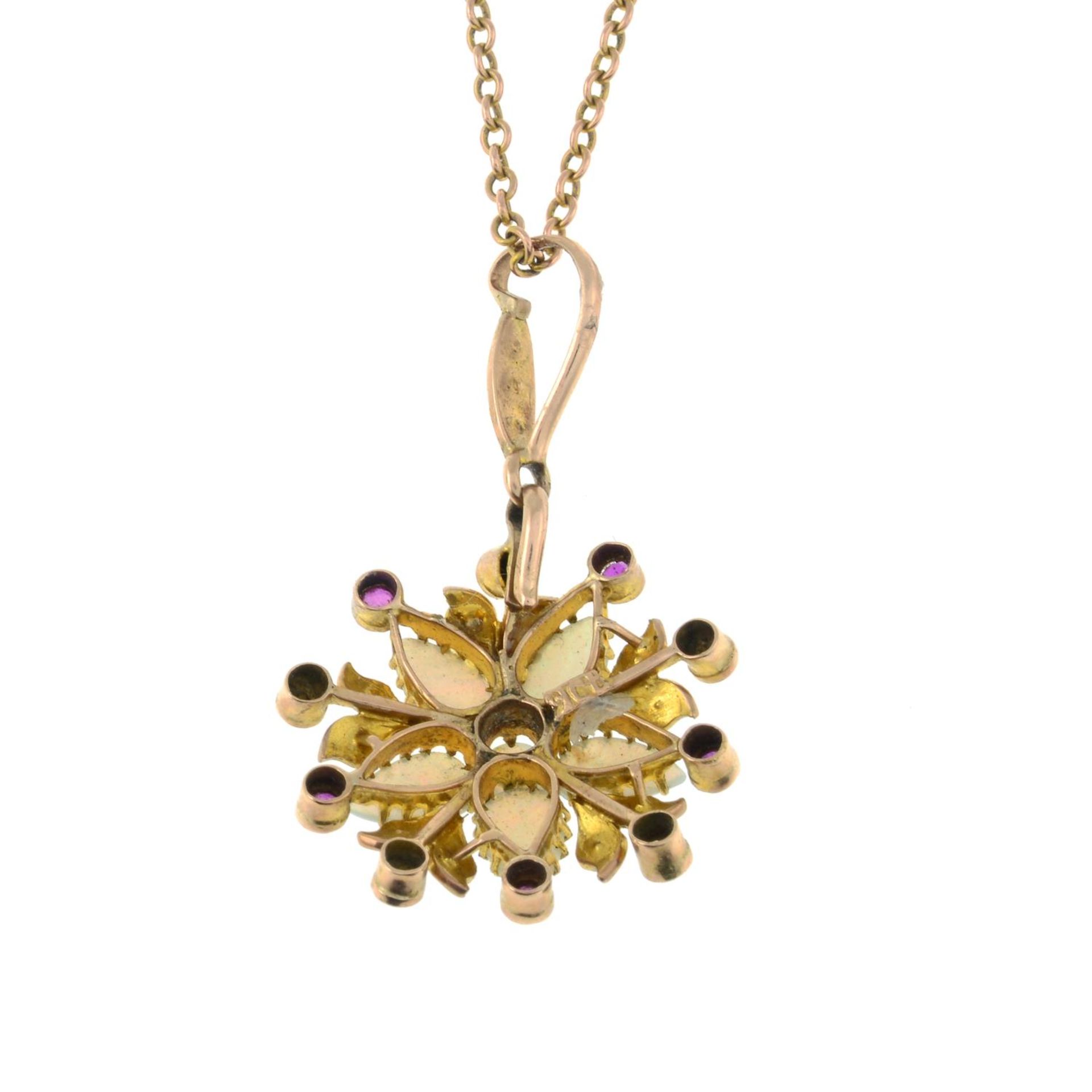 An early 20th century 9ct gold opal, ruby and split pearl pendant, with chain.AF. - Bild 2 aus 2