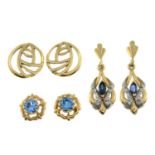 Two pairs of 9ct gold blue gem and diamond earrings,