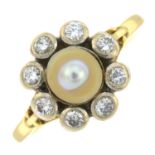 A gold cultured pearl and diamond cluster ring.Estimated total diamond weight 0.30ct.
