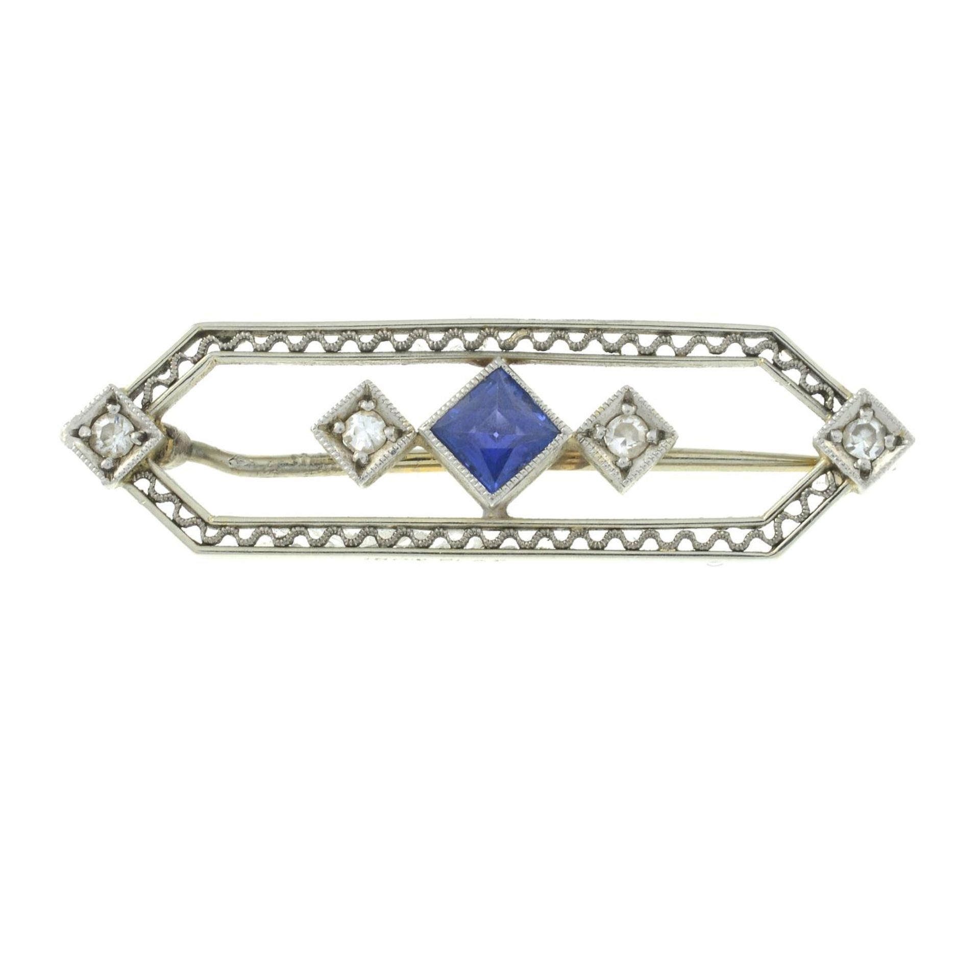 An early 20th century 18ct gold and platinum sapphire and diamond openwork brooch.Estimated total