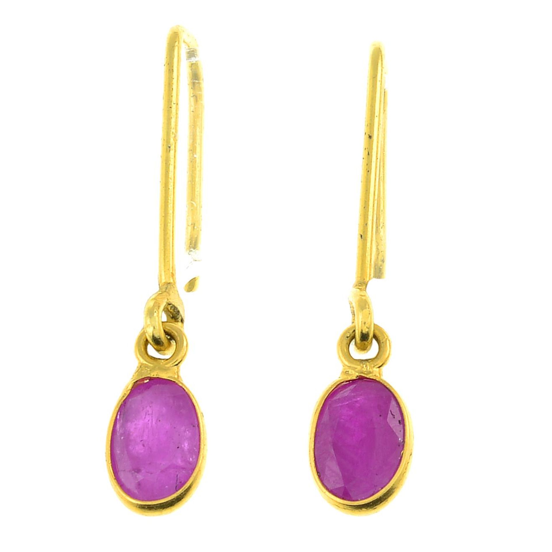 A pair of ruby earrings.Length 2.5cms.