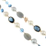 A cultured pearl, topaz, aquamarine and moonstone necklace.