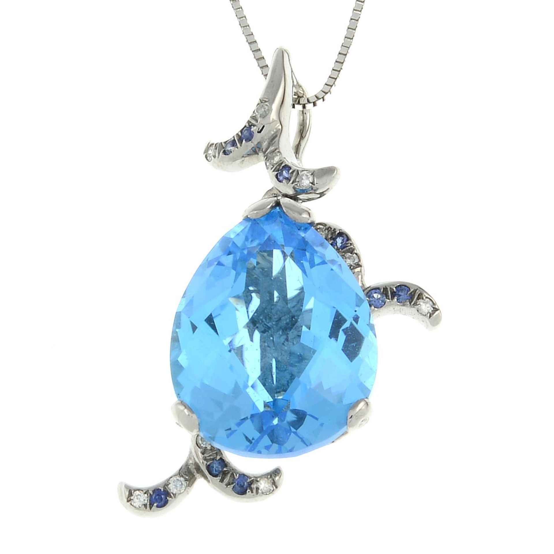 A blue topaz, sapphire and diamond pendant,
