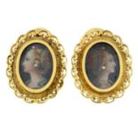 A pair clip earrings, each designed as a painted portrait miniature.Stamped K18.