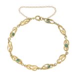 A 9ct gold cultured pearl and turquoise bracelet.Hallmarks for 9ct gold, partially indistinct.