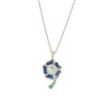 A diamond, sapphire and emerald floral pendant,