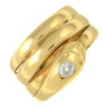 A late Victorian 18ct gold old-cut diamond snake ring.Estimated total diamond weight 0.15ct,