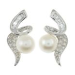 A pair of cultured pearl and diamond earrings.Estimated total diamond weight 0.25ct.