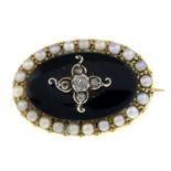 An early 20th century diamond, onyx and split pearl memorial brooch, with glazed reverse.