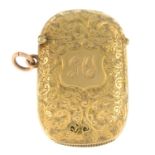 A late Victorian 9ct gold foliate and monogram engraved vesta case.Hallmarks for Birmingham,