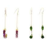 Diopside earrings, stamped 9K, length 5.3cms, 2.1gms.