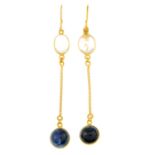 A pair of moonstone and sapphire drop earrings.Stamped 14K.