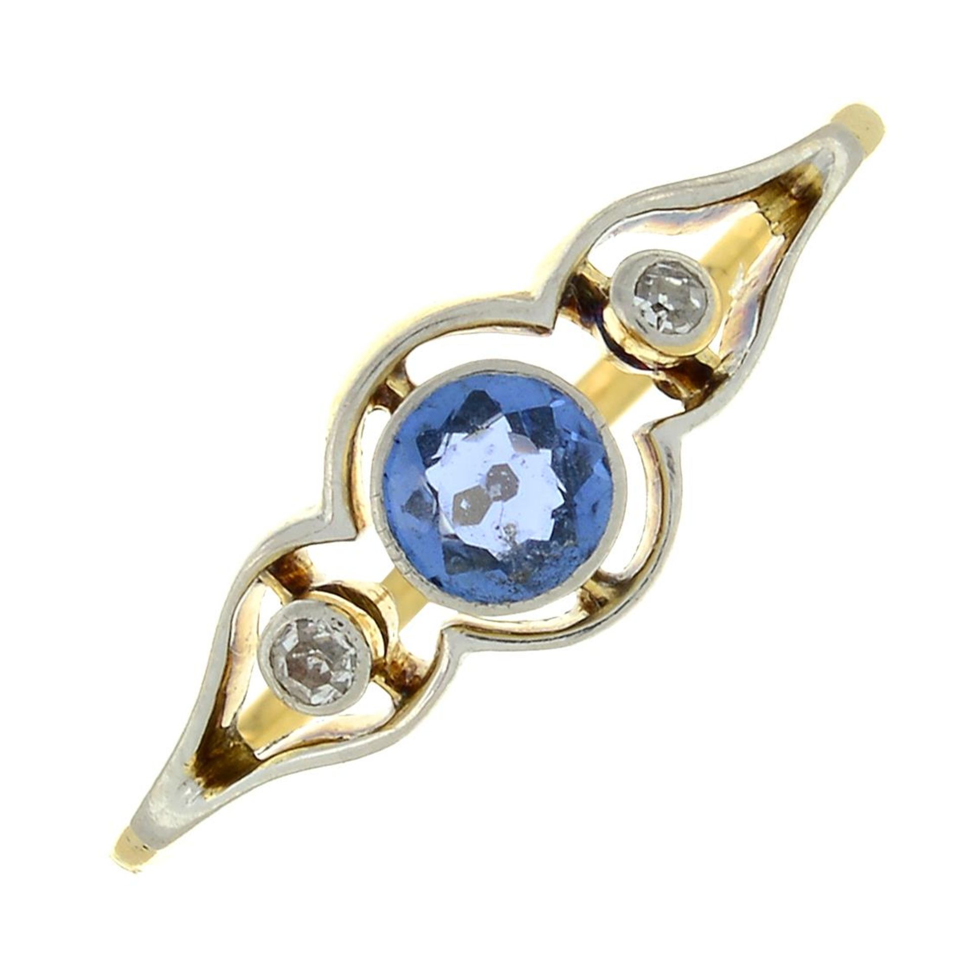 An early 20th century 18ct gold and platinum sapphire and diamond ring.Stamped 18ct,