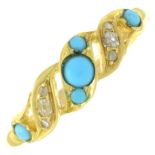 An early 20th century gold diamond and reconstituted turquoise ring.Ring size O.