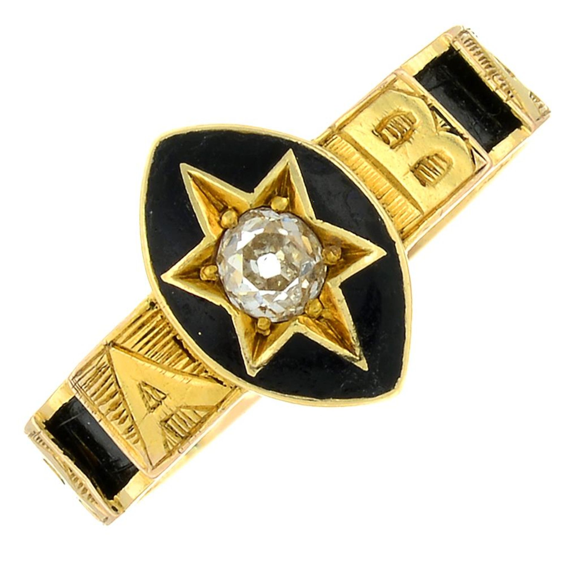 A late 19th century 18ct gold diamond and black enamel mourning ring, with hairwork accent band.