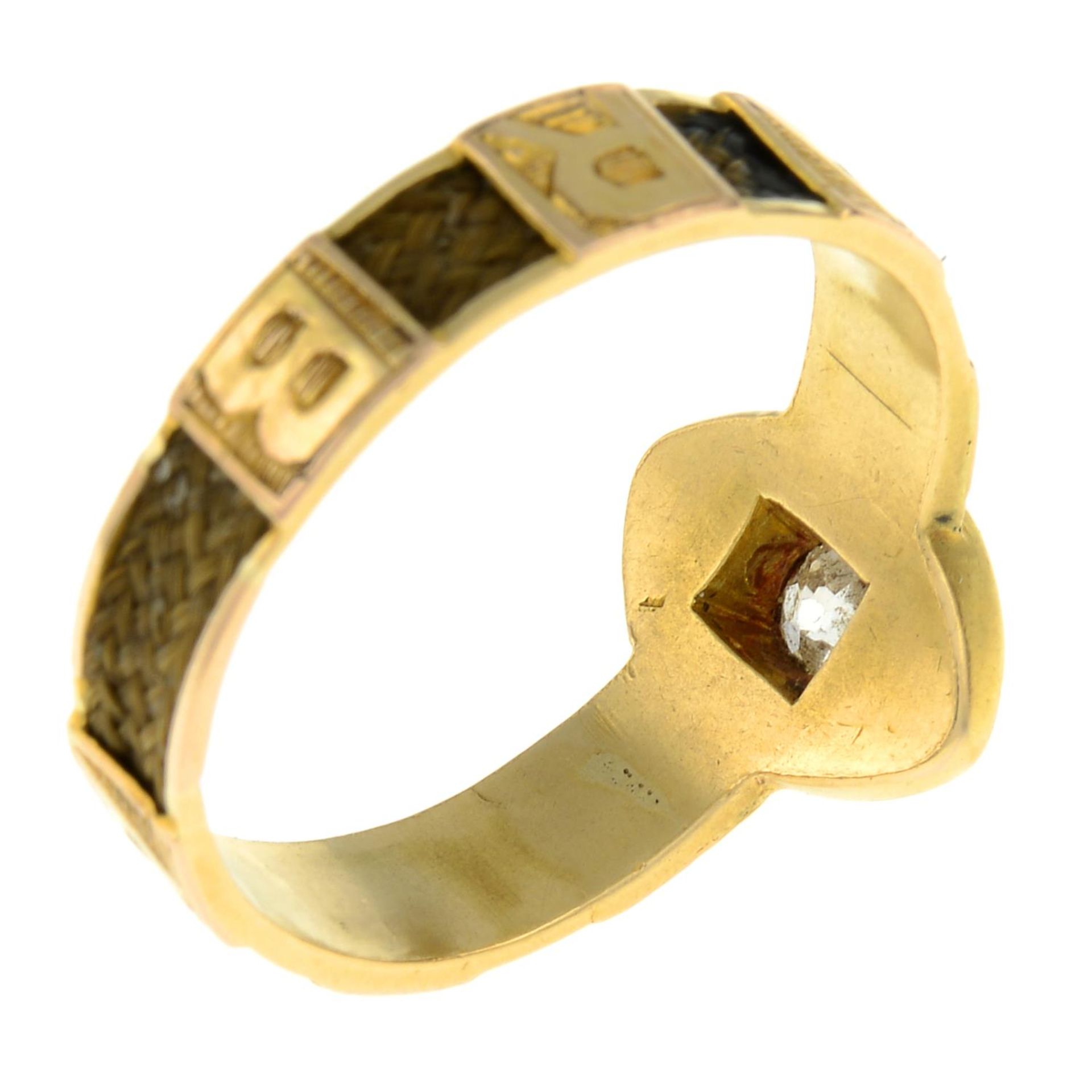 A late 19th century 18ct gold diamond and black enamel mourning ring, with hairwork accent band. - Bild 3 aus 3