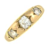 An old-cut diamond three-stone ring.Estimated total diamond weight 0.50ct,