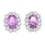 A pair of 18ct gold pink sapphire and diamond cluster stud earrings.Estimated total diamond weight