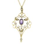 An early 20th century 15ct gold amethyst and split pearl pendant,