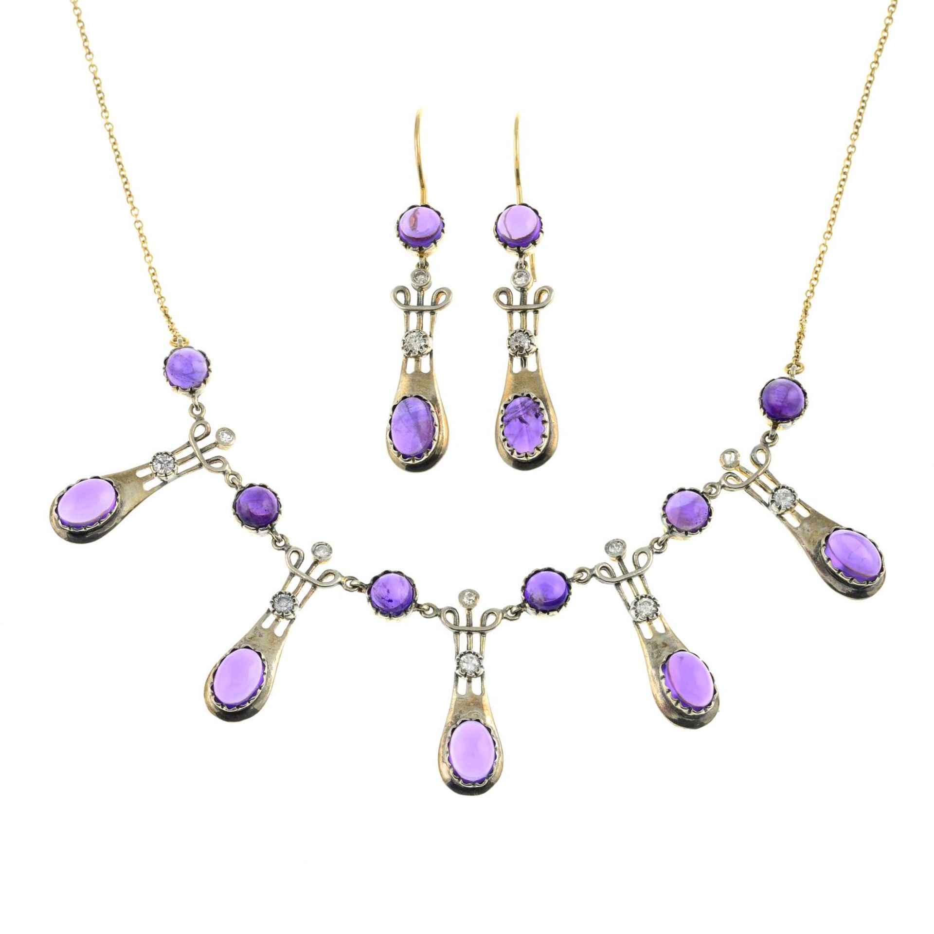 An amethyst cabochon and diamond fringe necklace,