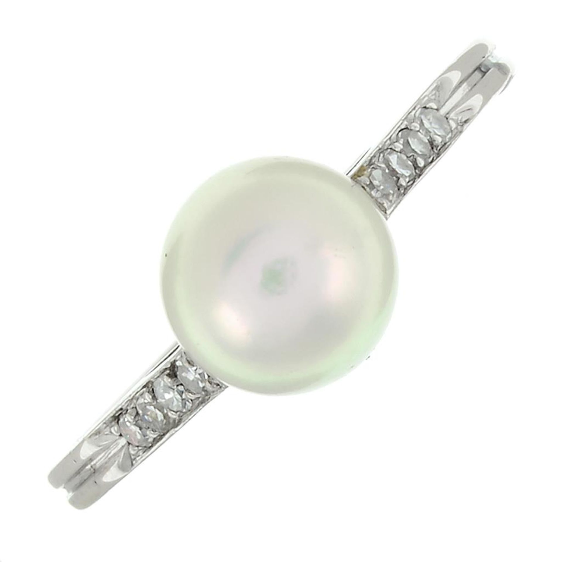 A split pearl and diamond ring.Ring size O1/2.