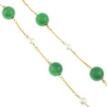 A chrysoprase quartz and cultured pearl necklace.Clasp stamped 375.