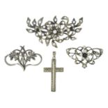 Two paste openwork floral brooches, marks to indicate silver, lengths 4.2 and 7cms, 22.2gms.