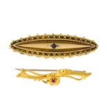 Late Victorian 15ct gold ruby bar brooch,