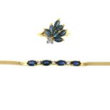 Sapphire and diamond bracelet, stamped 14KT, length 18cms, 3.3gms.