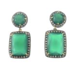 A pair of chrysoprase quartz and diamond earrings.Estimated total diamond weight 1ct.