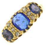 An Edwardian 18ct gold blue garnet-top-doublet and diamond ring.Hallmarks for Birmingham,